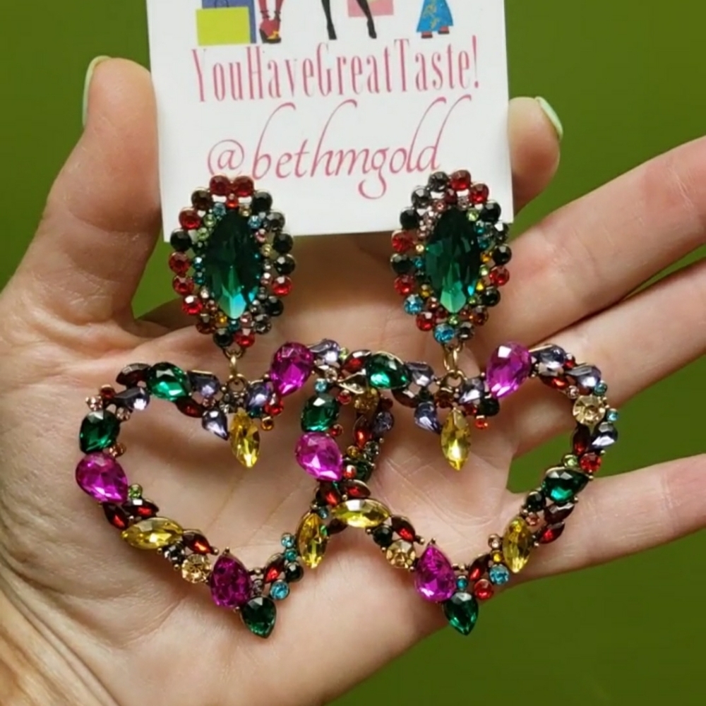 Rhinestone Heart Statement Earrings - Multi-color - Picture 7 of 13
